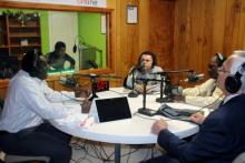 Peter Simpson, Hispanic Ministries coordinator; Ryan Simpson, technical director; Wilson Baca, pastor of the Ebenezer Spanish church in Cleveland; Winston Simpson, pastor of the First Cleveland Spanish church; and Ruben Ramos, vice president of Multilingual Ministries for the Columbia Union Conference, speak on-air during one of the many live Stereo Adventist Radio Online programs.